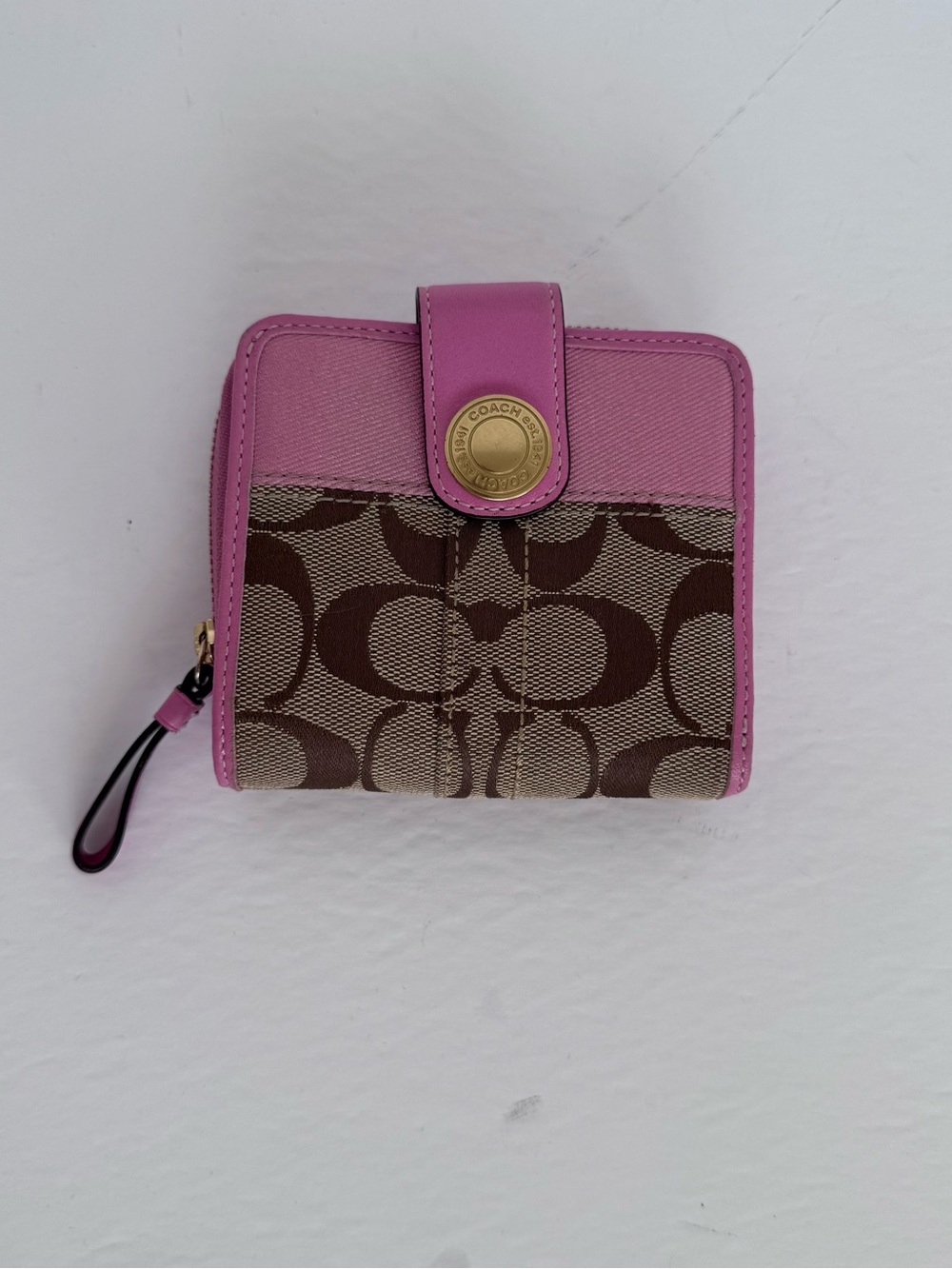 COACH Brown Signature Canvas Wallet with Pink Trim